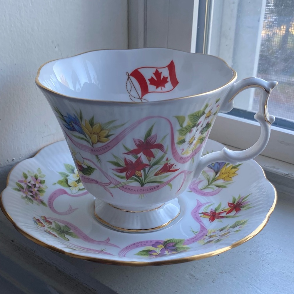 K.H.I. Fine Bone China “Canada” Cup & Saucer White Gold Made In England
